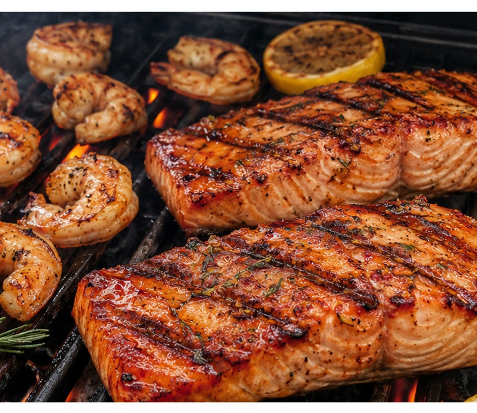Salmon and shrimp cooking over wood smoke on a grill
