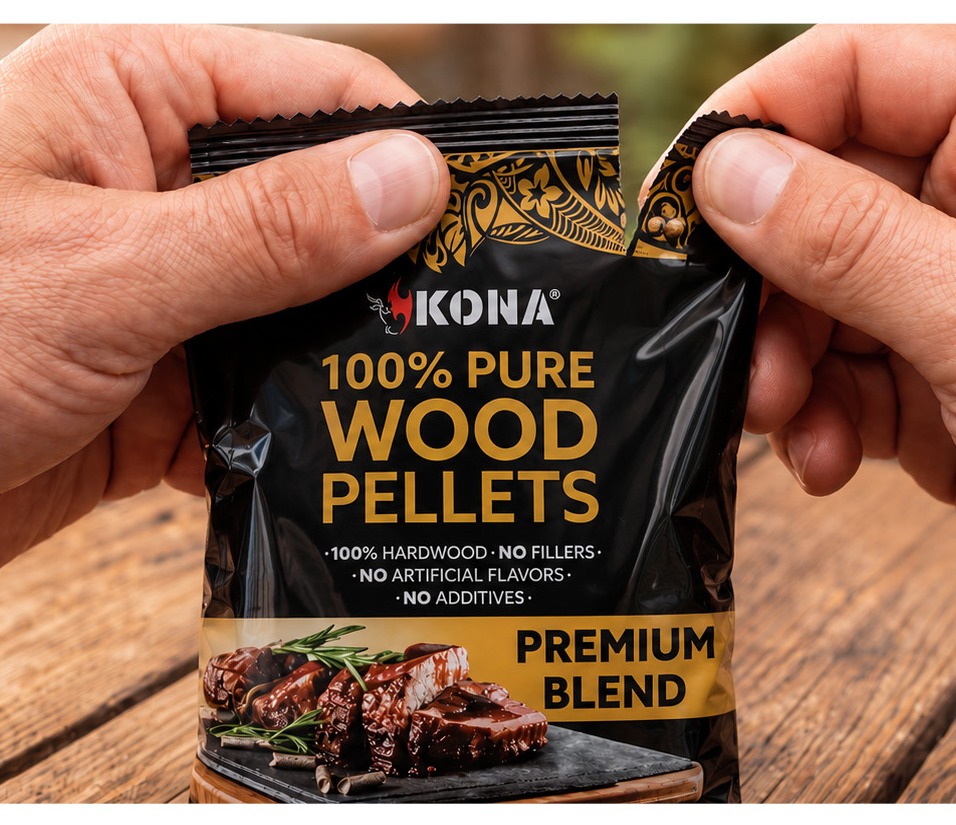 Hands tearing open a Kona pre-portioned wood pellet pod