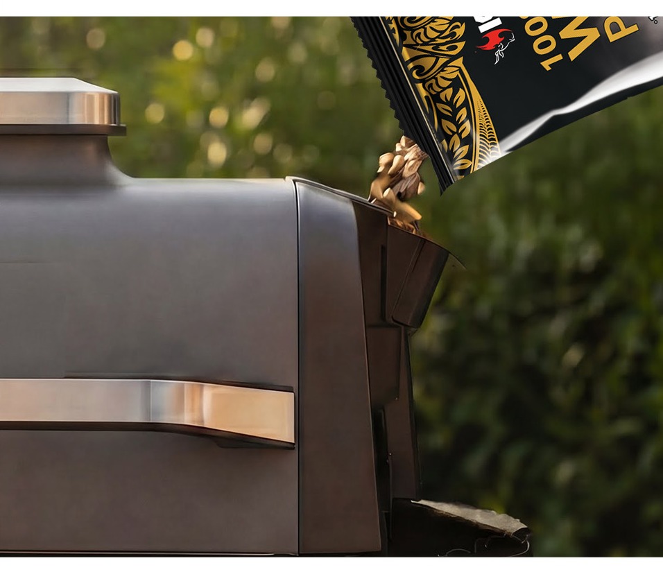 Pouring a Kona smoke pod into a grill's pellet box