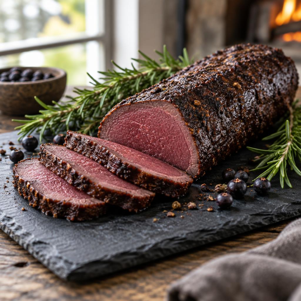 Game / Venison cooked over wood smoke