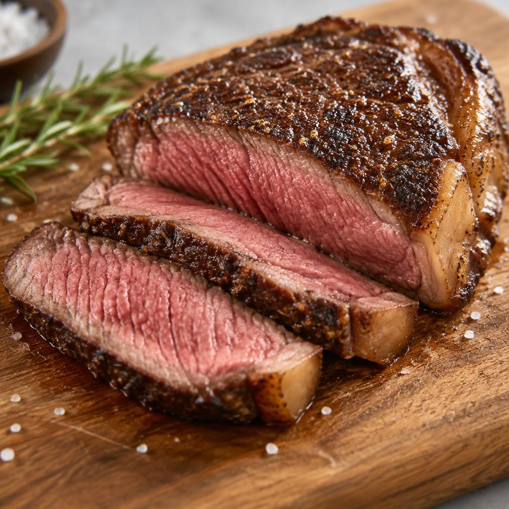 Steak cooked over wood smoke