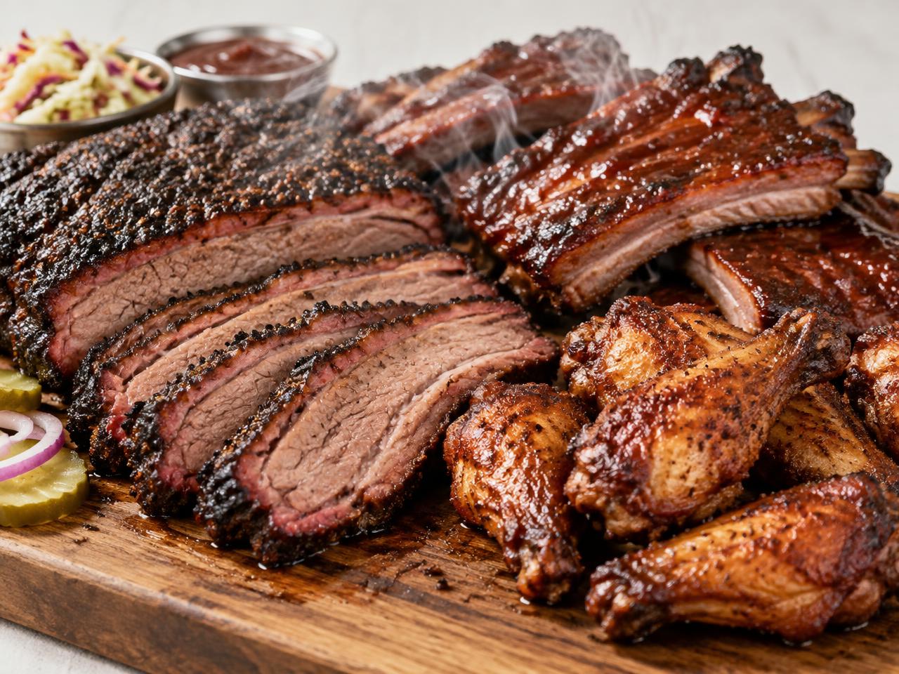 Freshly smoked food resting on a bright wooden board