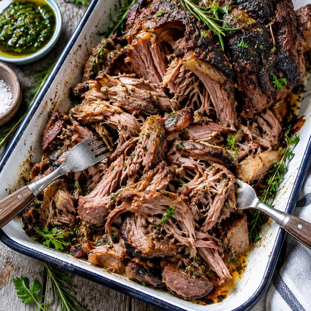 Kona Oak-Smoked Pulled Lamb Shoulder fresh off the smoker
